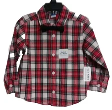NWT Toddler Boys Old Navy Red/White Plaid Poplin Shirt Black Bow Tie Size 2T  K2
