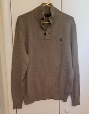 Polo Ralph Lauren 3 Button Mock Neck Sweater Size L Gray Pony Logo