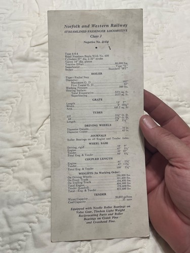 1950s 1960s Norfolk & Western Railway Locomotive Class A Information Card Train - Picture 7 of 13