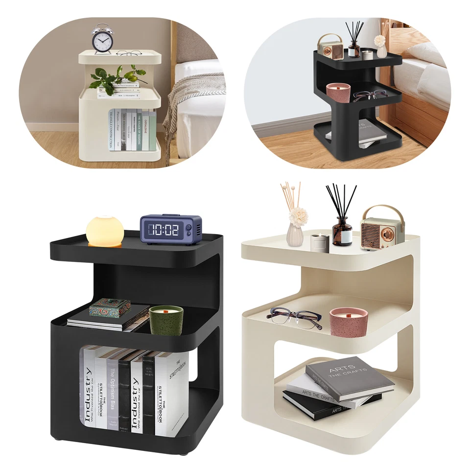 Mesa auxiliar moderna cuadrada crema/negro de 3 niveles mesita de noche moderna mesa auxiliar moderna Foto 2 de 4