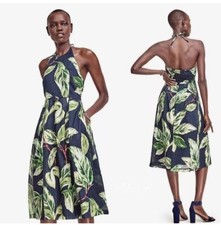 Ann Taylor Amalfi Tropical Palm Leaf Print Halter Fit Flare Dress 4P - FLAW