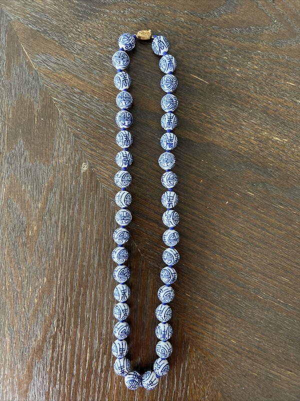 Vintage Chinese Export Blue/white Porcelain Beads Filigree Clasp Necklace 25"