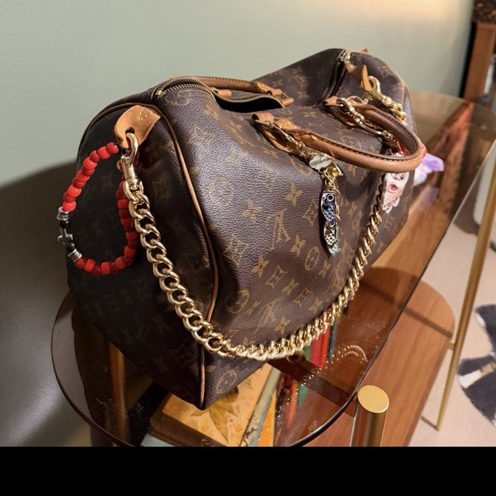 Louis Vuitton Speedy 35  Monogram Brown Satchel Bag w/ Lock, Chain Strap