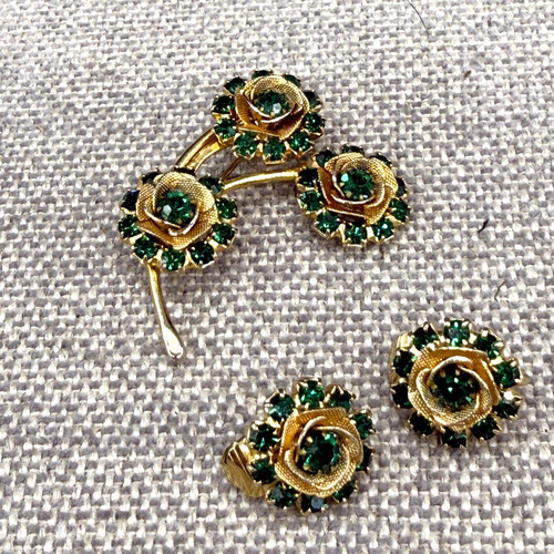 Vintage Judy Lee Brooch Earrings Flower Set Gold Tone Green Rhinestones Signed