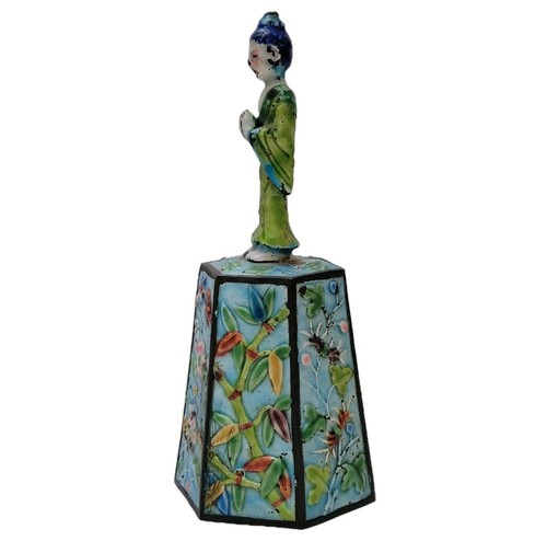 Chinese Cloisonne Enamel Silver Bell With Tibetan Monk Handle Antique 5.75" H - Picture 4 of 8