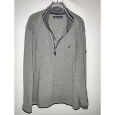 Nautica Mens Quarter Zip Pullover Sweater Gray Cotton Mock Neck Large Trimmed
