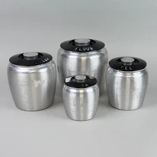 Vintage Kromex Aluminum Canister Set of 4 Flour Sugar Coffee Tea Black Lids