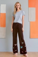 Johnny Was XXL Wide Leg Brown Velvet Pants Embroidered Butterflies Pockets NWT