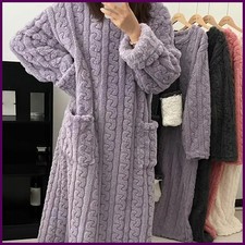 Winter Long Sleeve Double Pocket Flannel Nightgowns Women Loose Solid Sleepwear