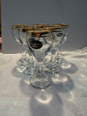 Cristal Mode Cordial Glasses Made In Italy New Gold Trim Set of 6