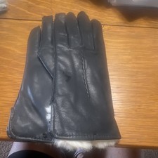 Men's Black Leather Wrist Gloves Fur Lined, Solid Pattern, Size L