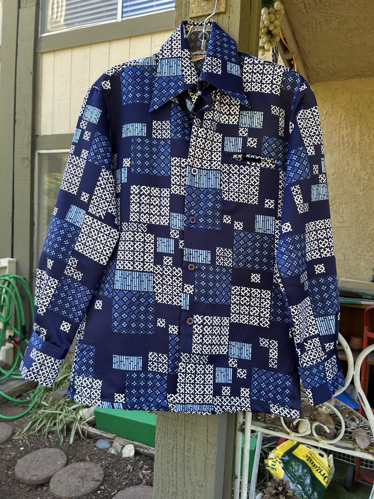 Men's Blue Polyester 70's Castle patchwork shirt - image 1