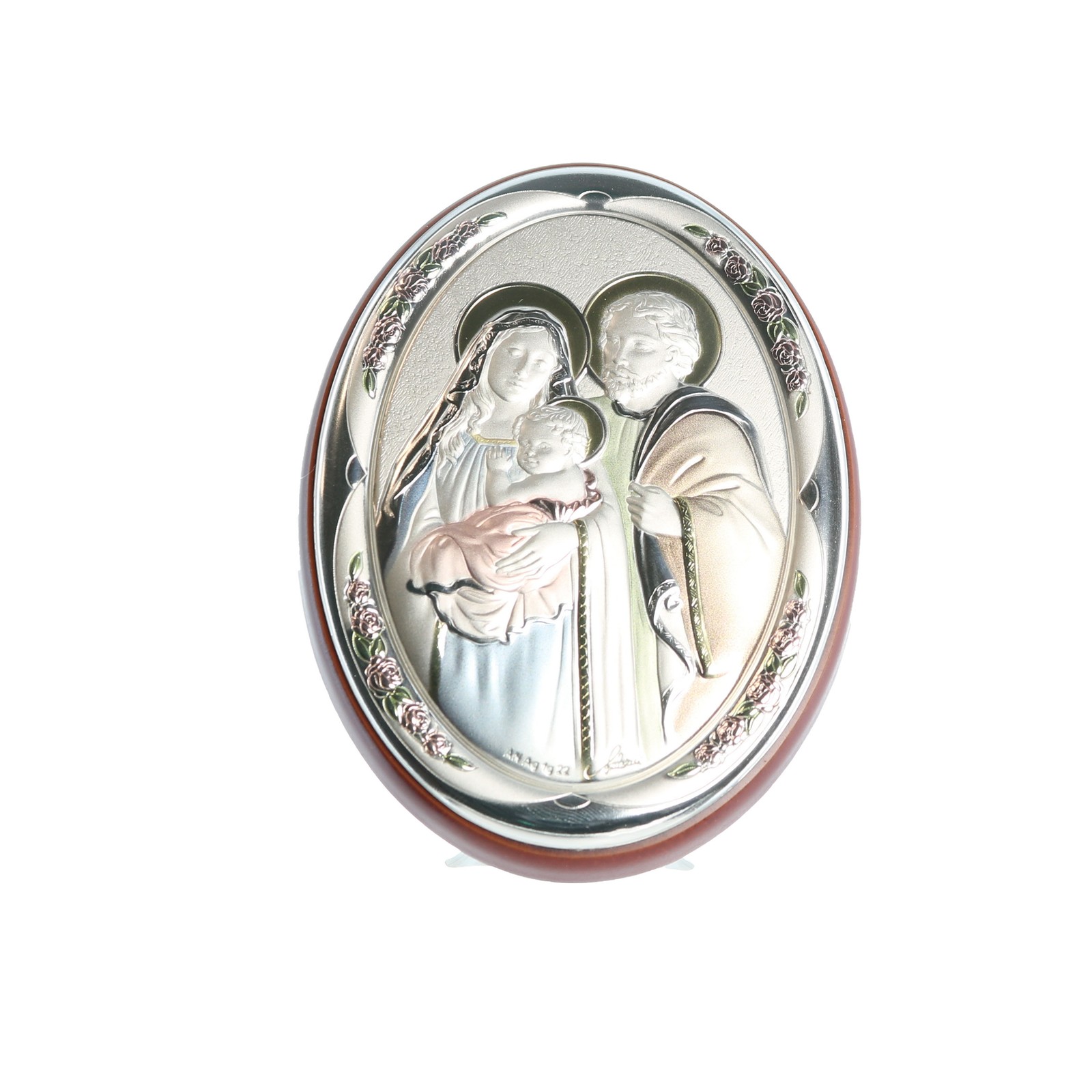 Cadre ovale Sainte Famille bois et argent 11cm icône de protection
