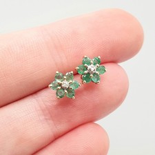 Vintage 9ct Gold Emerald & Diamond Stud Earrings Small Cluster Solid 9k 375