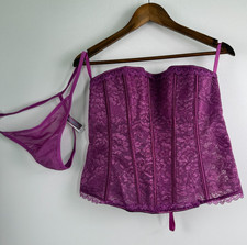 Adore Me Floral Corset Snap On Bustier Strappy Bra Panty Set Purple 1X NWT