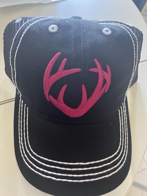  New unworn Black Hat With White Stitching with mesh backing and Pink Antlers
