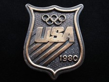 RF09149 VINTAGE 1980  USA OLYMPICS  SPORTS COMMEMORATIVE BRASSTONE BELT BUCKLE