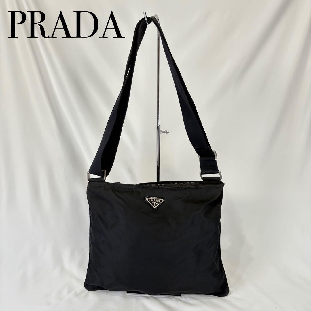 Prada Tessuto Shoulder Bag with Triangle Plate Black White Tag