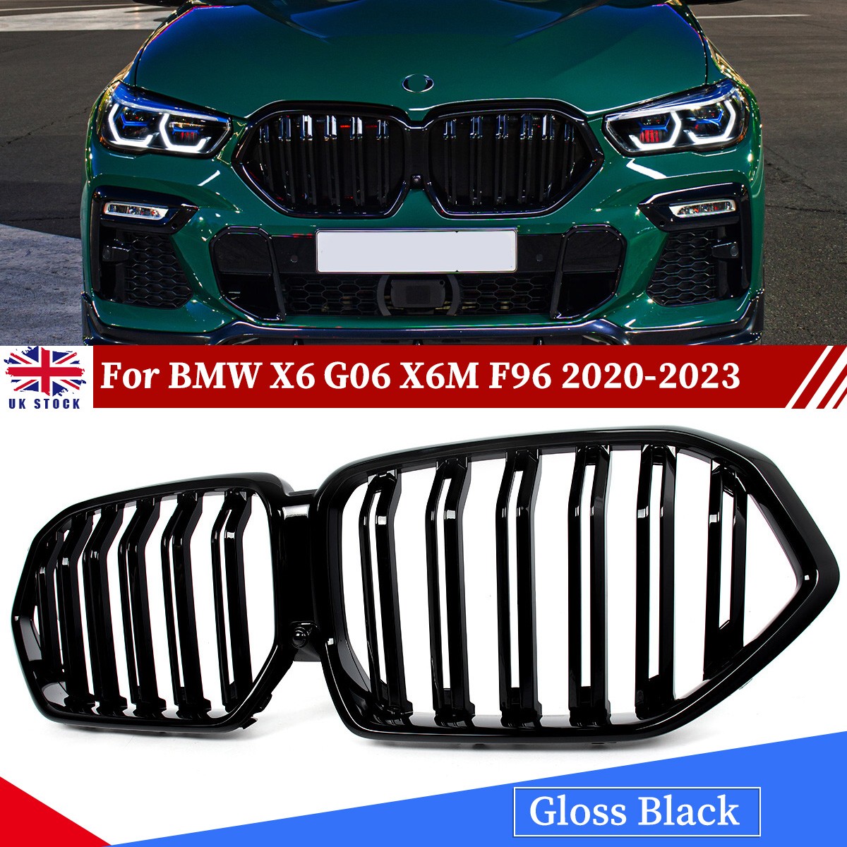 DOUBLE SLAT GLOSS BLACK FRONT BUMPER KIDNEY GRILL FOR BMW X6 G06 2020 + UK STOCK
