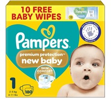 Pampers Premium Protection New Baby Size 1, 180 Nappies, 2kg-5kg, Monthly Pack + 0.14 per nappy