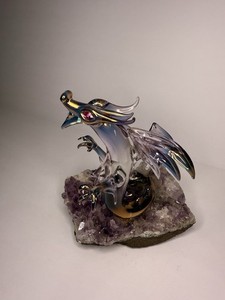 Hand Blown Glass Dragon On Amethyst Chunk Figurine 5 1/2” Tall