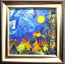 Original Oil Painting 4x4in Abstract  Magic Summer Moon Framed