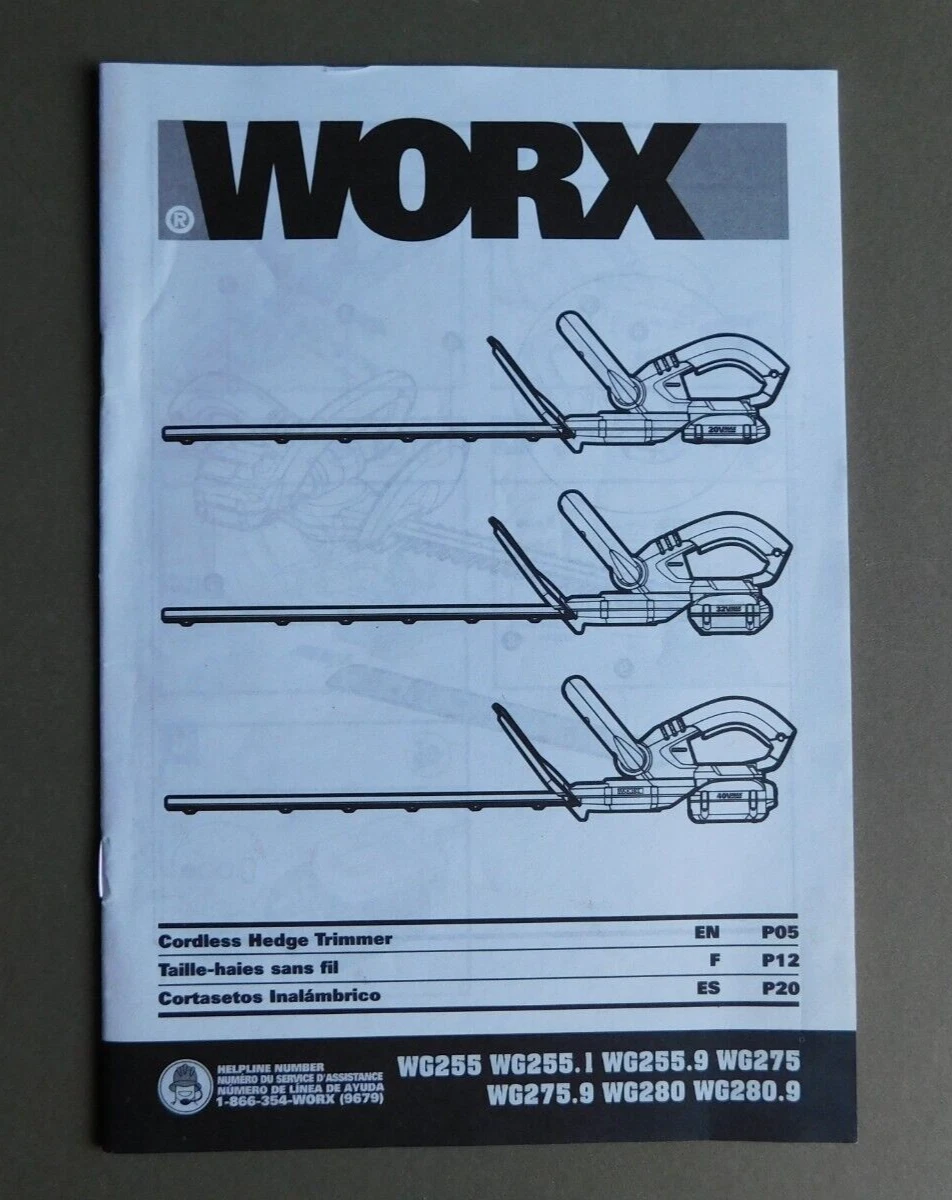 WORX Cordless Hedge Trimmer Instruction Manual WG255 WG275 WG280