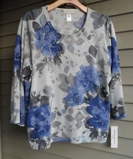 NWT ALFRED DUNNER GRAY/BLUES WATERCOLOR SHIMMER PRINT HIGH END SWEATER $73 2X