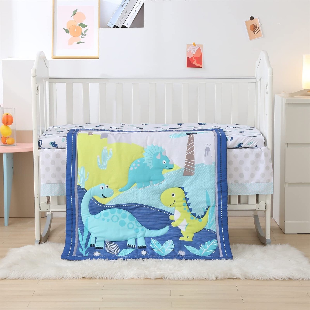 Dinosaur Crib Baby Bedding Piece Set Quilt Sheet Skirt Blue Yellow NEW
