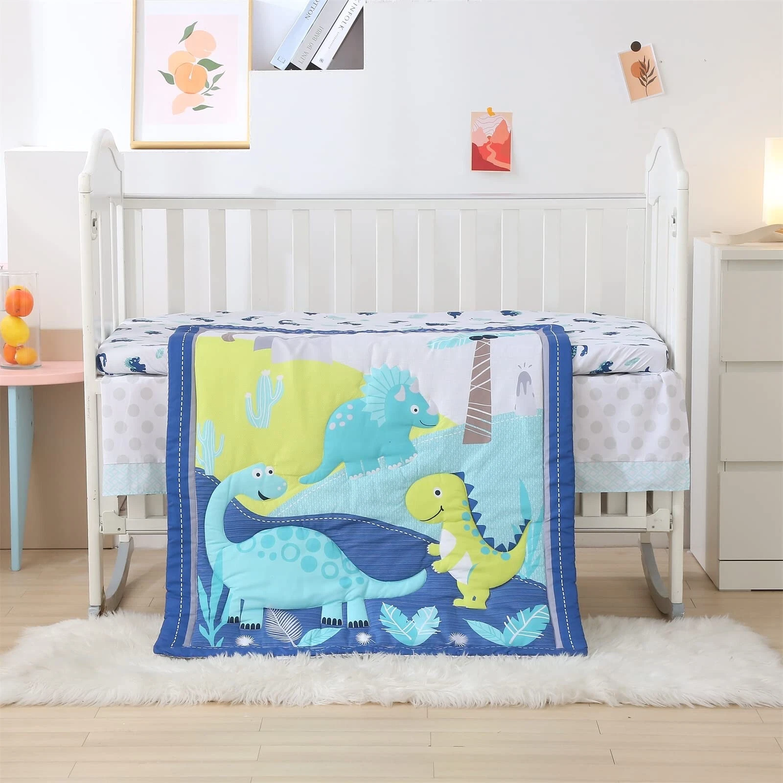 Dinosaur Crib Baby Bedding 3 Piece Set Quilt Sheet Skirt Blue Yellow NEW