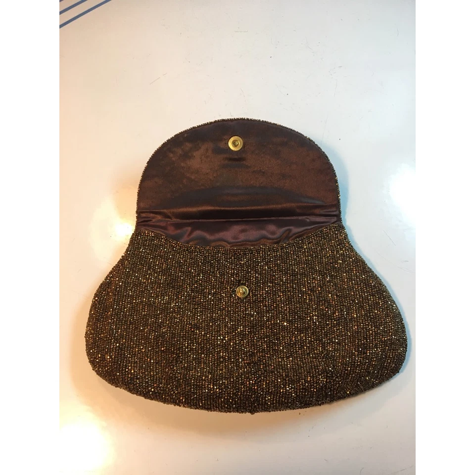 复古女式青铜串珠手拿包棕色织物晚装包 Snap — 第 3/4 张图片