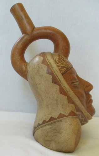 MOCHE KULTUR PERU INDIANER PORTRAIT GEFÄSS FLASCHE MIT STEIGBÜGEL AUSGUSS MUSEUM REPRO - Bild 3 von 7