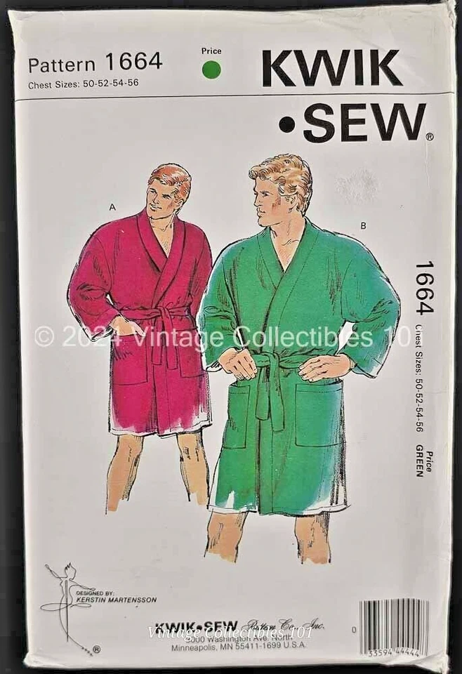 Kwik Sew Pattern 1664 Men's Knee Length Bath Robe King Size 50 52 54 56 Uncut FF - Image 2 of 4