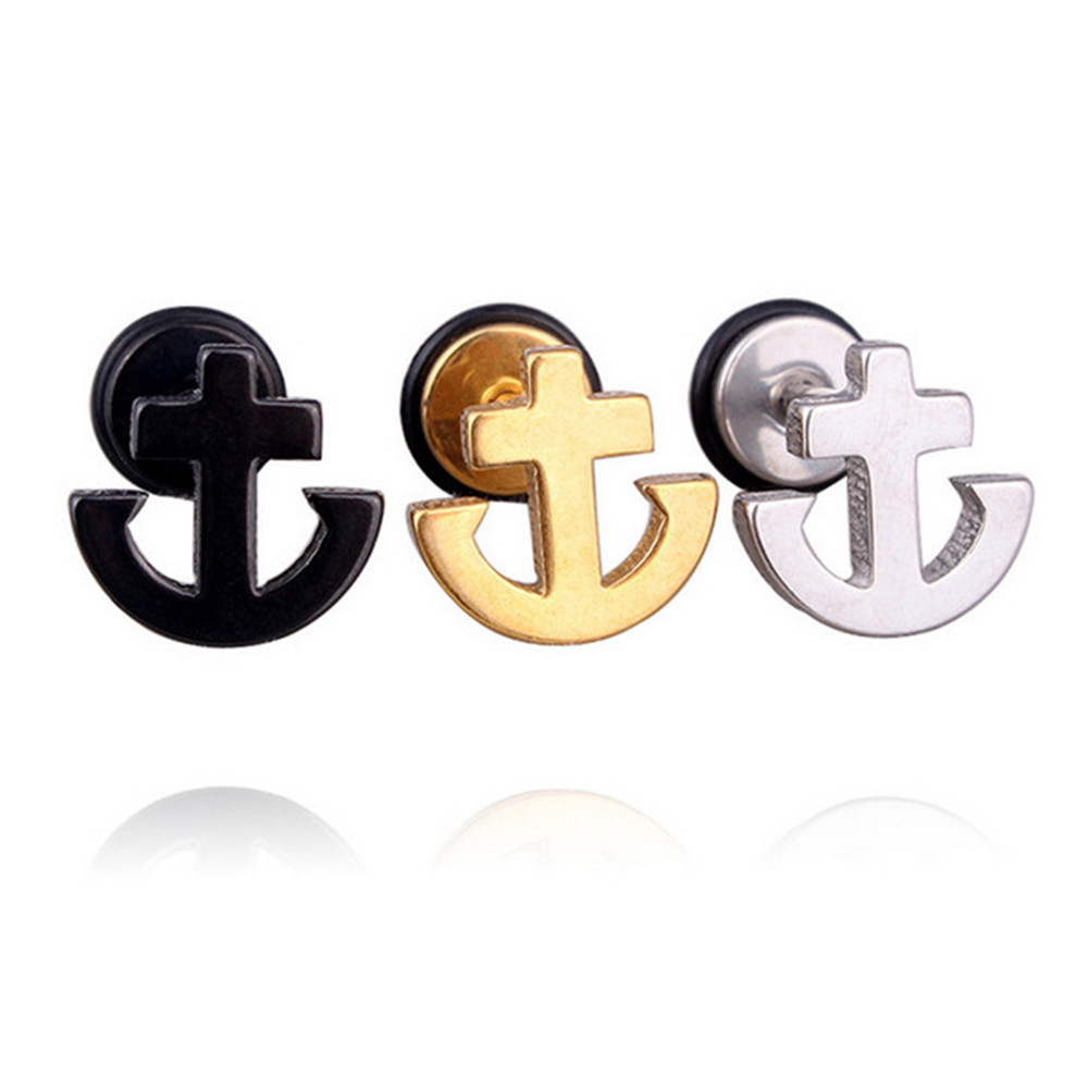 Pendientes Plug Piercing Falso Acero Inox Ancla Negro Oro Plata Hombre