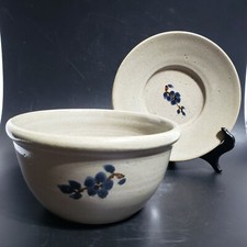 Vtg Jugtown Ware NC Studio Pottery Bowl and Signed Plate  Blue flowers 1986