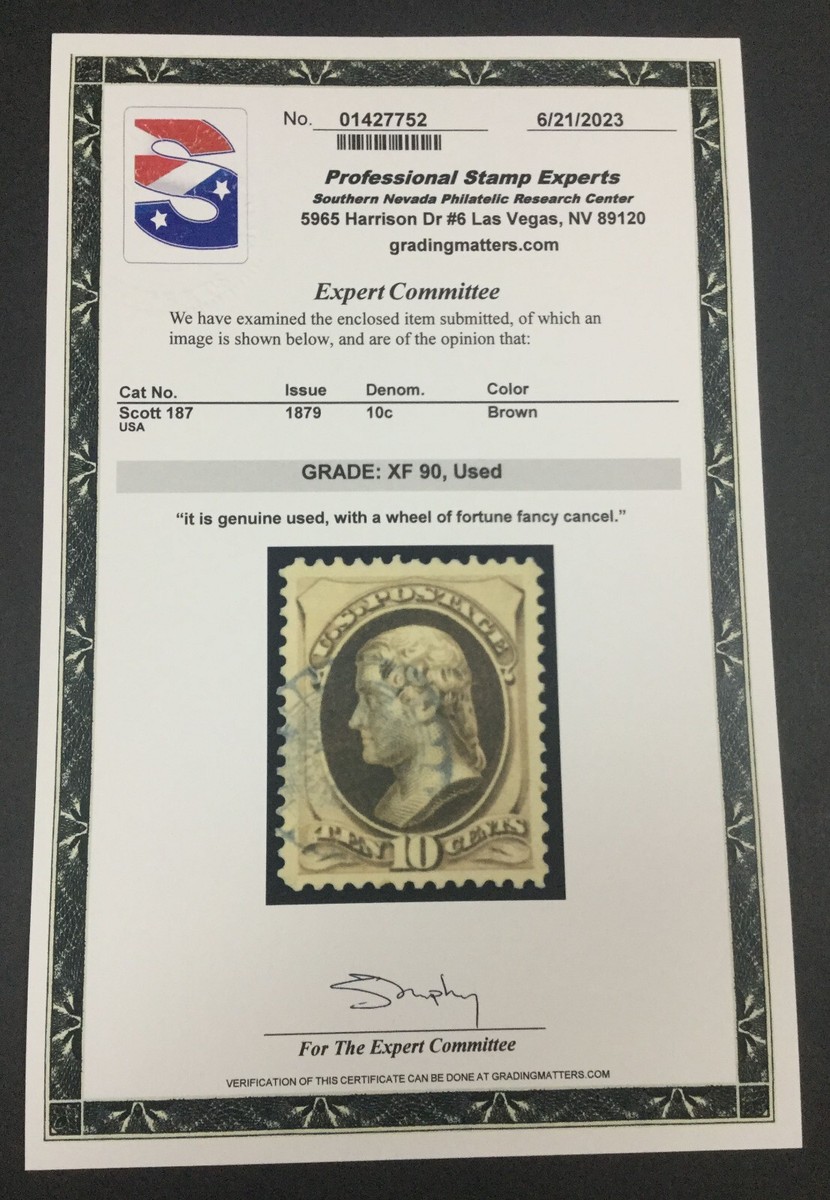 MOMEN: US STAMPS #187 WHEEL OF FORTUNE USED PSE GRADED CERT XF-90