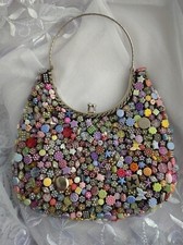 Unique Vintage Button purse with kiss lock handle and beadwork trim