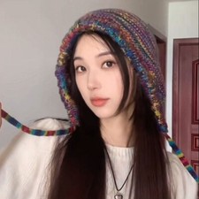 Femme Arc-en-Ciel Tricot Rayé Bonnet Crochet Capuchons Lacet Faux Laine Chaude