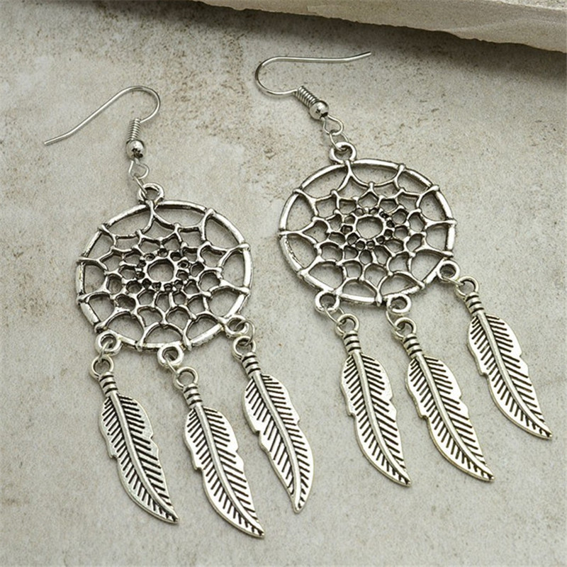 Fashion Jewelry Vintage Silver Plated Dream Catcher Long Drop Earring*a5