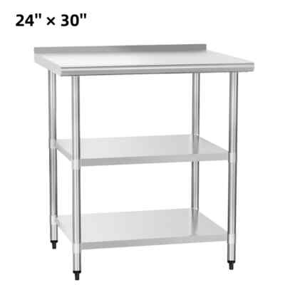 New 24'' x 30'' Stainless Steel Prep Table 2 Shelves Work Table with Backsplash
