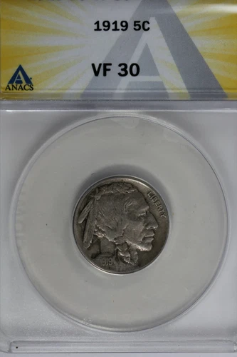 1919  .05   ANACS   VF 30   Buffalo Nickel, Indian Nickel, 5 Cent Piece