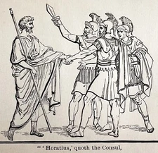 Horatius With Roman Condul Soldiers Woodcut Printing 1882 Victorian DWEE18
