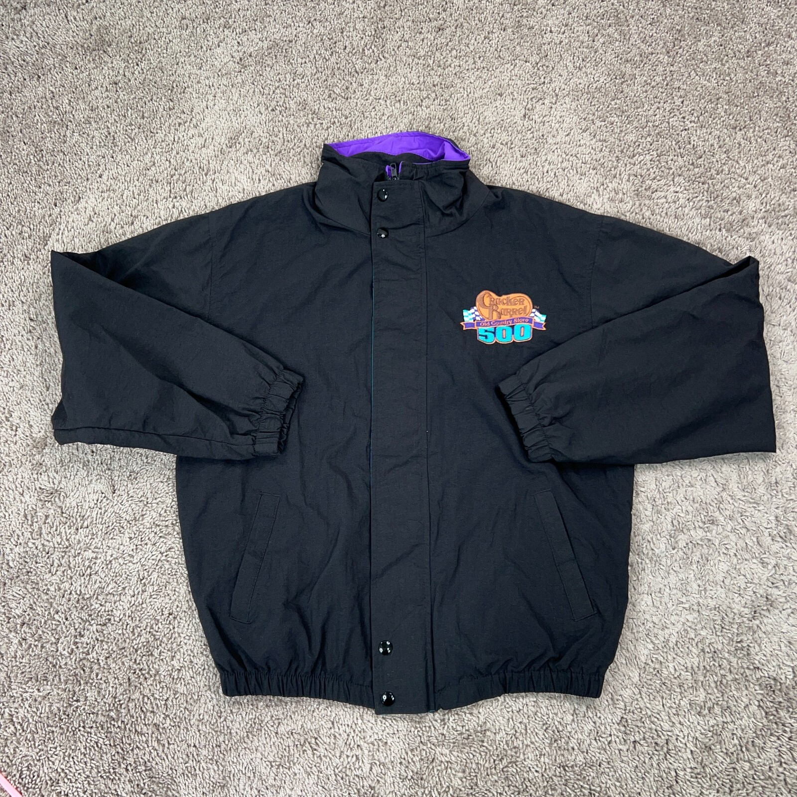 Vintage Nascar Jacket Mens Medium Black Cracker Barrel 500 Racing Bomber Y2K