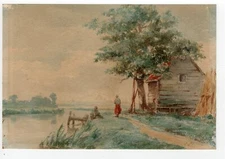 Antique Drawing-LANDSCAPE-CABIN-FIGURES-AMSTERDAM-Kiers-c.1875