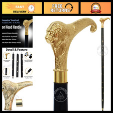 Vintage Handmade Wooden Walking Stick Cane with Solid Brass Lion Head Handle