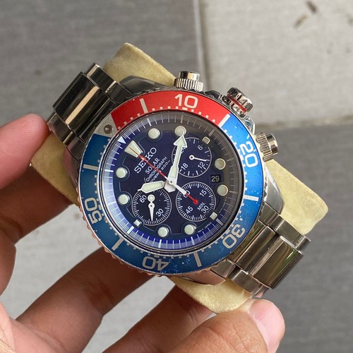 RARE Seiko Solar V175-0AD0 Chronograph Diver Pepsi Bezel Blue Dial Watch Men - Bild 8 von 12