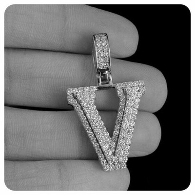 10K White Gold Over Diamond Custom 3D Initial V Letter Pendant 1.50 CT 1.5''