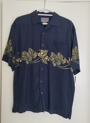 VTG Hilo Hattie Shirt Mens S Blue Yellow Hawaiian Aloha Tropical Silk