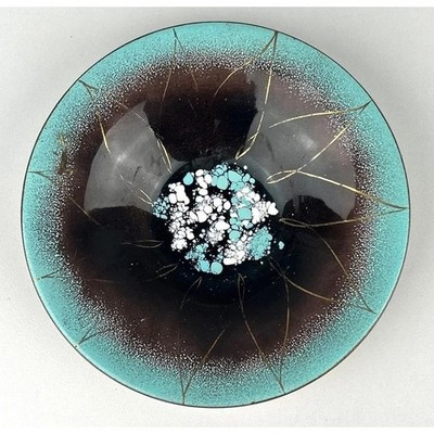 Vintage Gerte Hacker Enamel Bowl Signed 6'' Turquoise Gold Gilt Artware