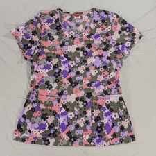 Dickies Scrub Top Women  s Size Medium Short Sleeve Floral Print Medical Wear